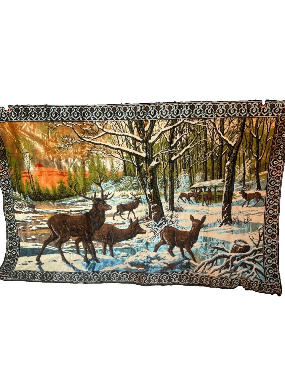 Elk in Snowy Woods Large Wall Tapestry Rug Made in Italy 74”x49” MCM Kitschy